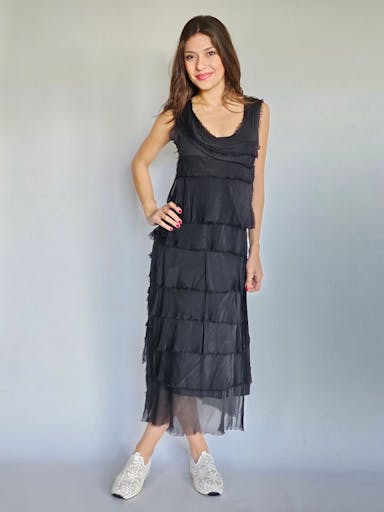 Ruffled Black Round Neck Silk Dress