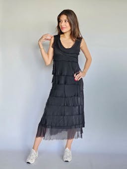 Ruffled Black Round Neck Silk Dressindex