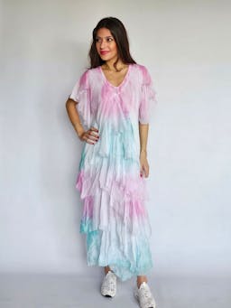 V-Neck Aqua & Pink Silk Dressindex