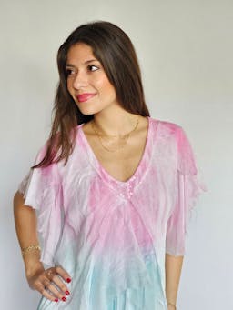 V-Neck Aqua & Pink Silk Dressindex