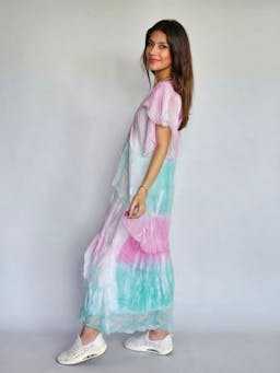 V-Neck Aqua & Pink Silk Dressindex