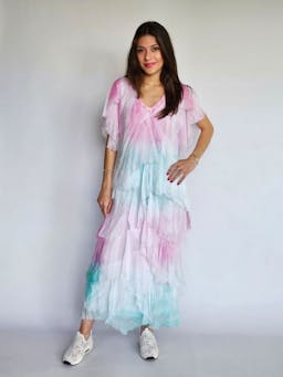 V-Neck Aqua & Pink Silk Dressindex