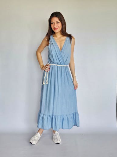 V-Neck Denim Dress with Beige Belt