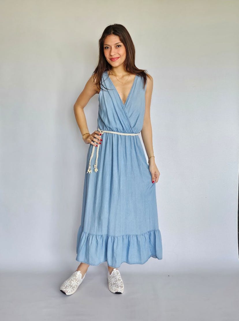 V-Neck Denim Dress with Beige Belt