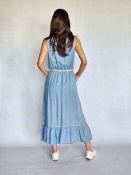 V-Neck Denim Dress with Beige Beltindex