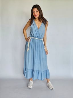 V-Neck Denim Dress with Beige Beltindex