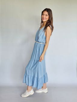 V-Neck Denim Dress with Beige Beltindex