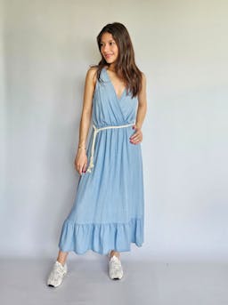 V-Neck Denim Dress with Beige Beltindex