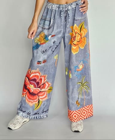 Flowers Denim Flowy Pants